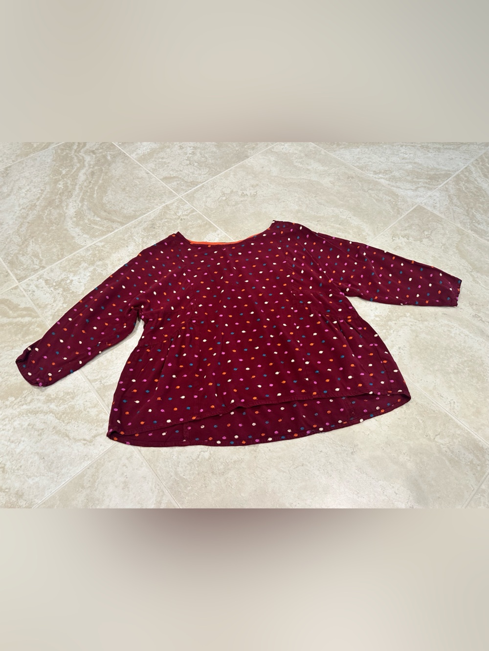 Anthropologie Burgundy Crewneck 3/4 sleeve top with Multicolor Dot Print